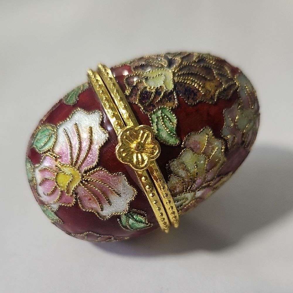 Vintage Cloisonne Collectible Trinket Box Enamel Floral Egg